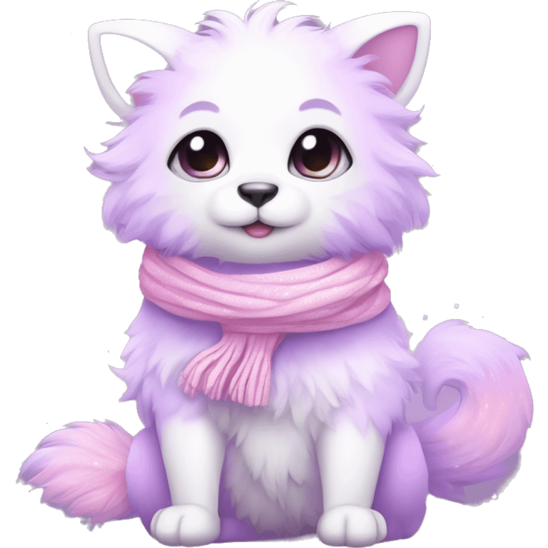 Edgy Kawaii cute gorgeous colorful sparkly bright light pastel lilac-pink-white-gradient fantasy ethereal fluffy fursona animal creature with a cute scarf full body emoji