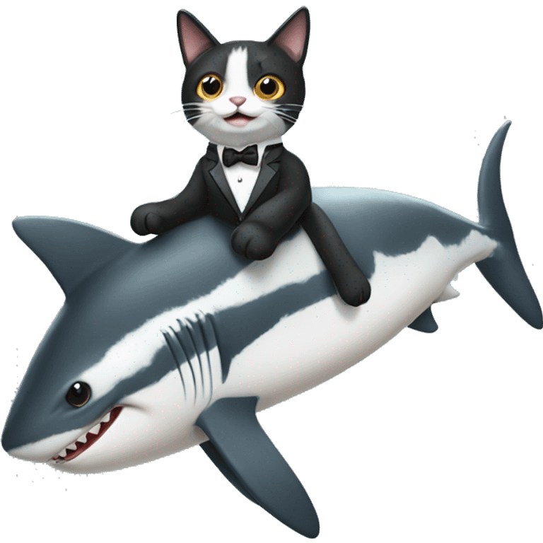 Tuxedo cat riding a shark emoji