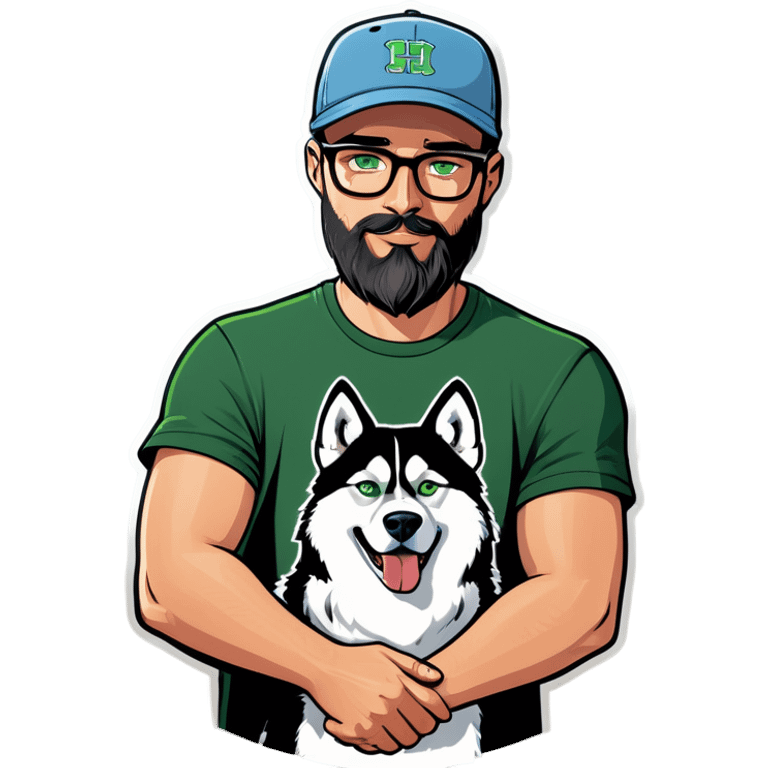 A bold man with a grey baseball cap, green eyes, big beard and glasses holding a husky dog emoji