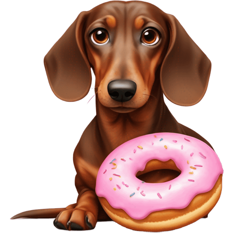 Old dachshund with guilty eyes laying down licking a pink frosted doughnut in front of it emoji