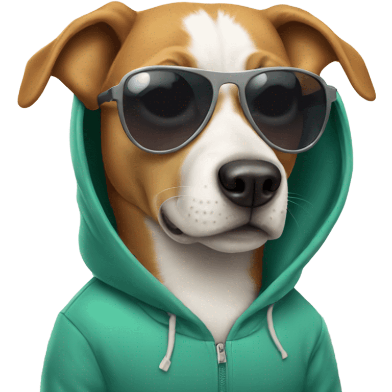 dog being chill and wearing sunglasses and a hoodie which says cool emoji