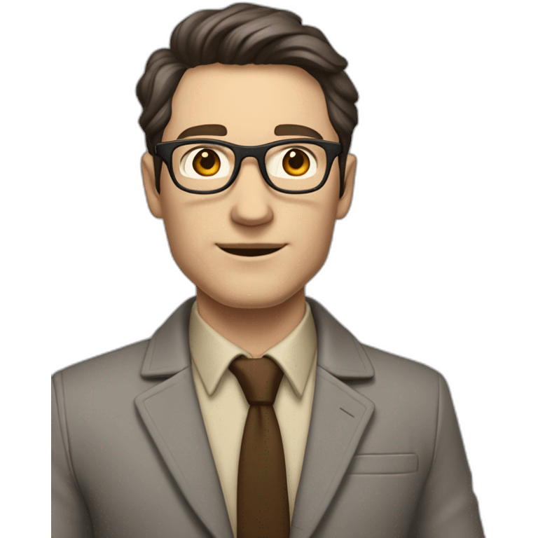 Full height Pale skinned fit man with dark brown hair in gray jacket, beige office shirt, brown tie, brown pants and vintage glasses. His right hand stretched out emoji