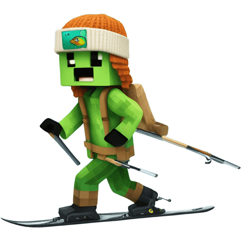 Minecraft Creeper wearing a beanie that looks like a fish and skiing emoji