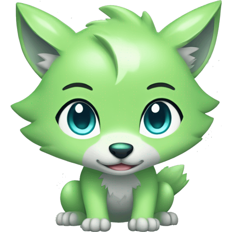 Cute Shy Shiny Light-Green Fakémon-Wolf-Pokémon with Cyan-Blue eyes Full Body emoji