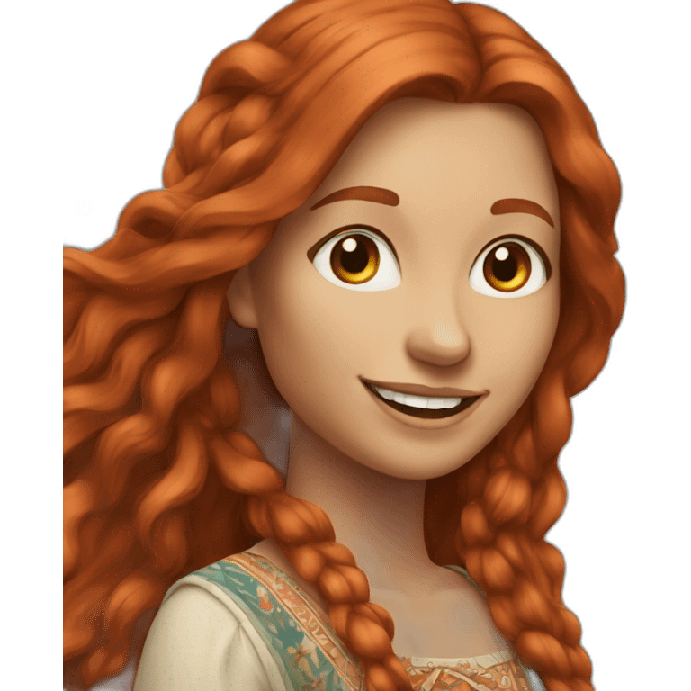 long hair redhead woman, smiling, wearing boho dress emoji