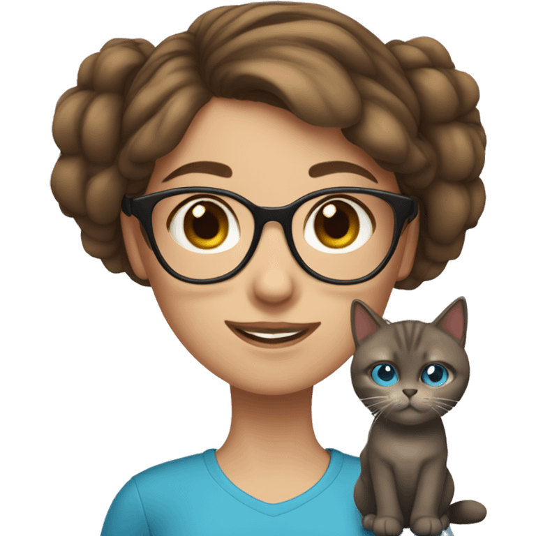 girl with blue eyes, glasses and medium brown hair and cats emoji