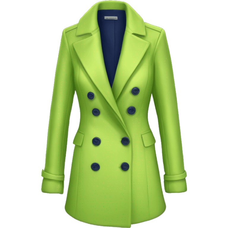 Realistic isolated open navy blue fashion Peacoat with lime green low cut silk blouse underneath.  emoji