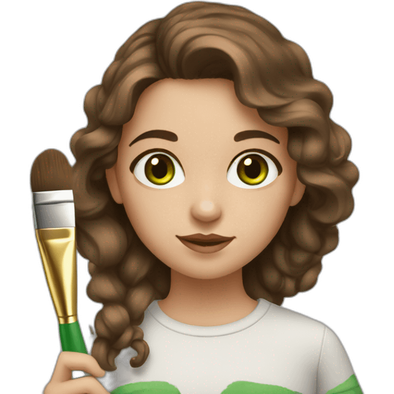 brown-haired girl with green eyes with brushes and paints emoji