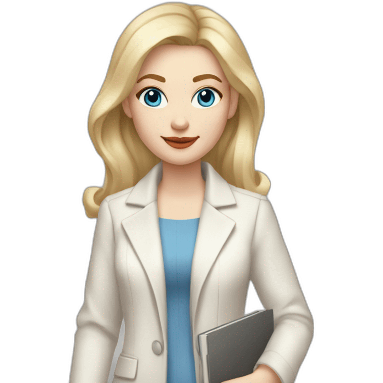 pale skin woman with blonde middle length straight line hair, blue eyes, White classical jacket, Gray Palazzo pants holding a color palette in the hands emoji