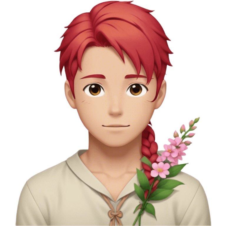 red hair with a thin side braid anime style handsome sexy gojo guy with blushing face and flowers aesthetic trending style outside emoji