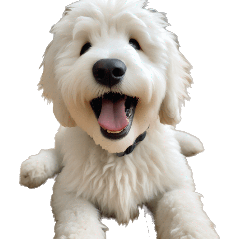 Fluffy white golden doodle on a wooden floor with mouth open emoji