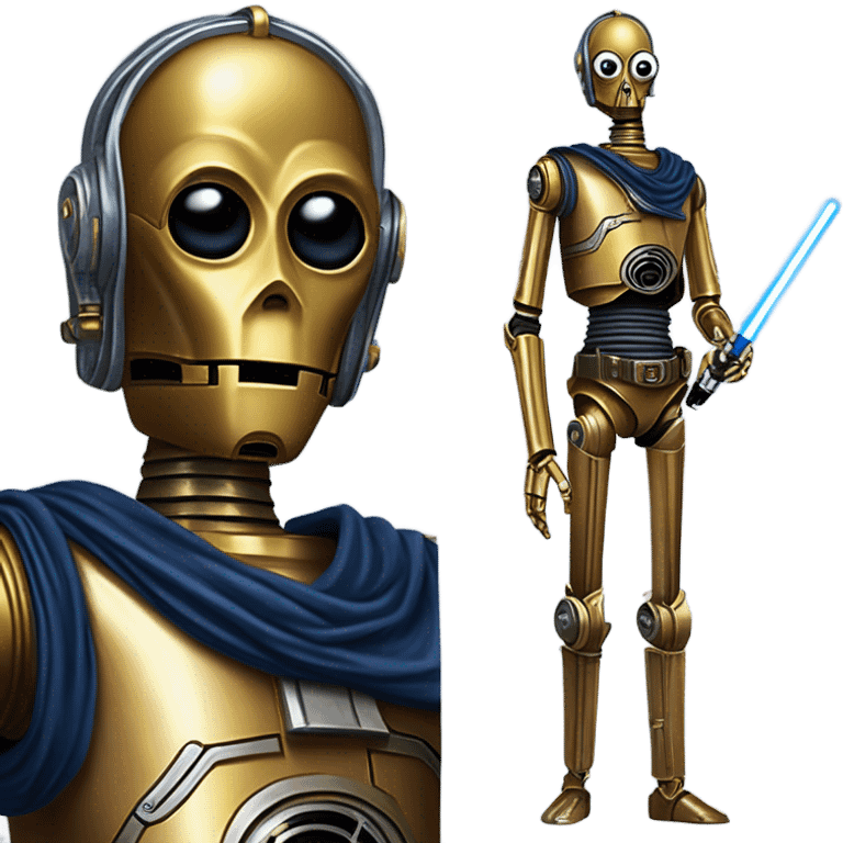 human-sized darkblue-pearl friendly bounty hunter c3po droid wearing a leather wild west duster holding light saber ready to fight but relaxed. antique emoji