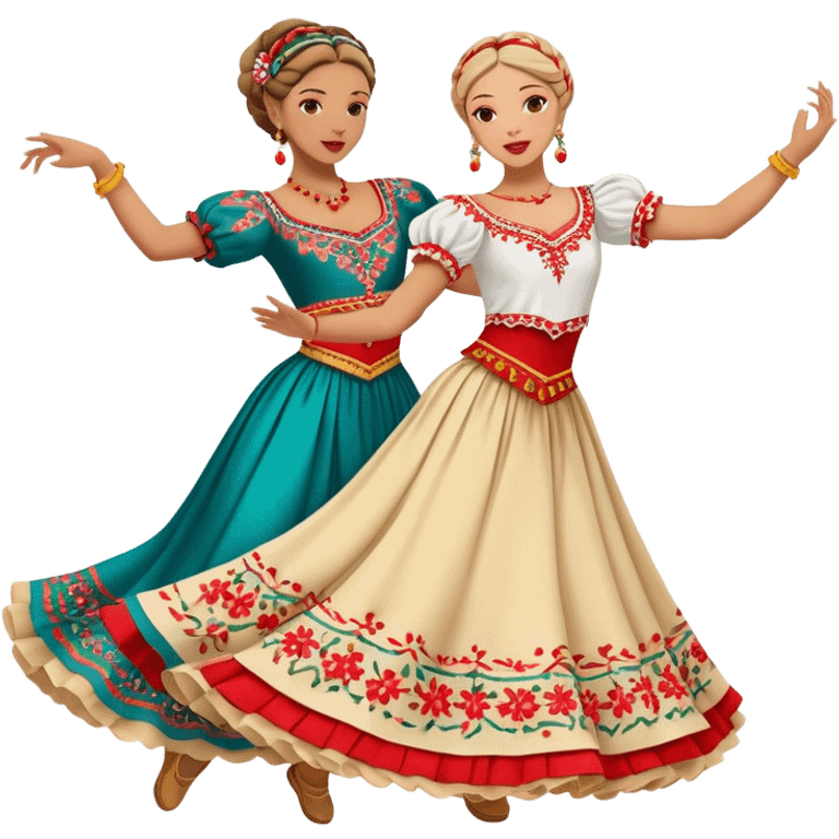 Cinematic Realistic scene of two dancers performing the Tarantella, dressed in vibrant, flowing traditional costumes with detailed embroidery and dynamic skirts, captured in festive motion with warm, lively lighting emoji