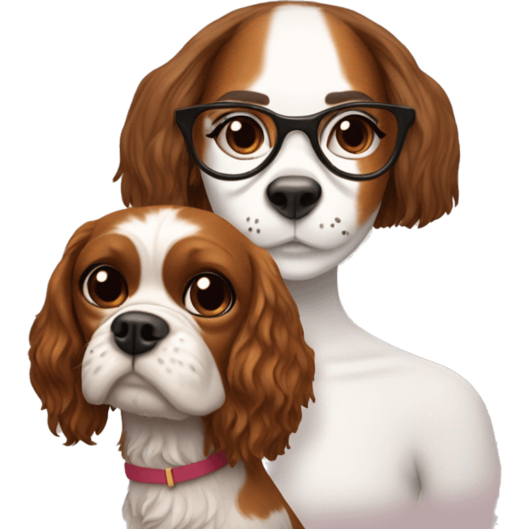 White girl with brown hair wearing glasses holds a king charles spaniel brown dog emoji