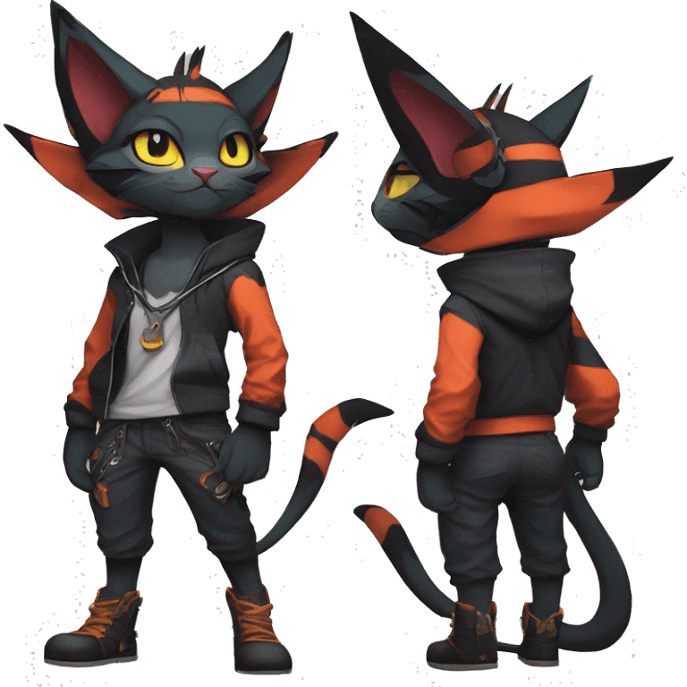 Cool Anthro Noivern-Litten-Sphynx-Pokémon with edgy stripes collar punk techwear cool fiddler-hat Full Body emoji