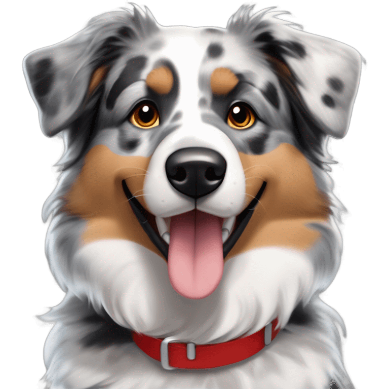 Blue merle Australian Shepherd with a mix of gray, black, and tan fur, tan eyebrows and cheeks, bright brown eyes, fluffy ears tipped in black, a big open smile, and a red collar with tags. Focus on tan accents and minimal white fur. emoji