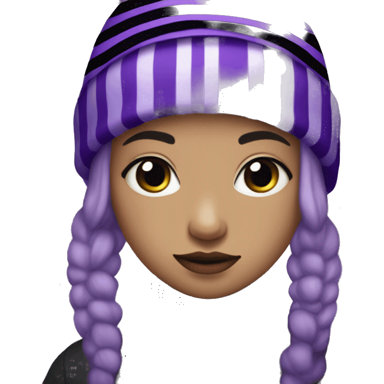 with neon purple eyes and short, dull purple hair. She wears a black striped beanie with a glittery bobble at the tip, and black boots with long, dark purple light purple striped socks. She  emoji