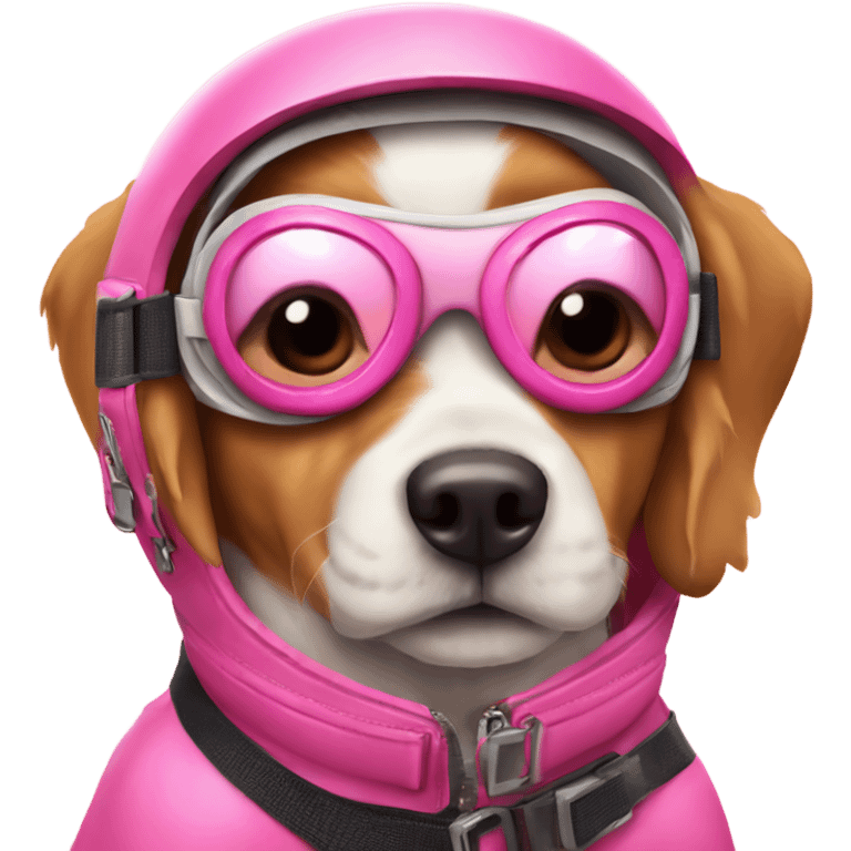 Dog wearing pink sky diving goggles and sitting in a pink helicopter emoji