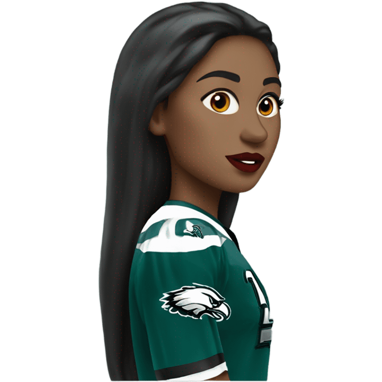 White female long dark hair red lips wearing Philadelphia Eagles jersey emoji