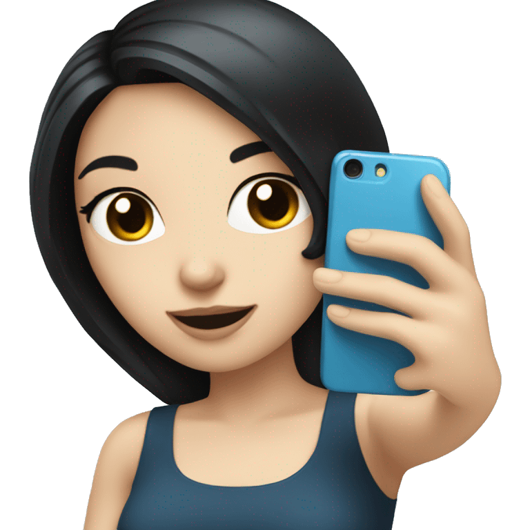 White girl taking a selfie with black hair and blue phone  emoji