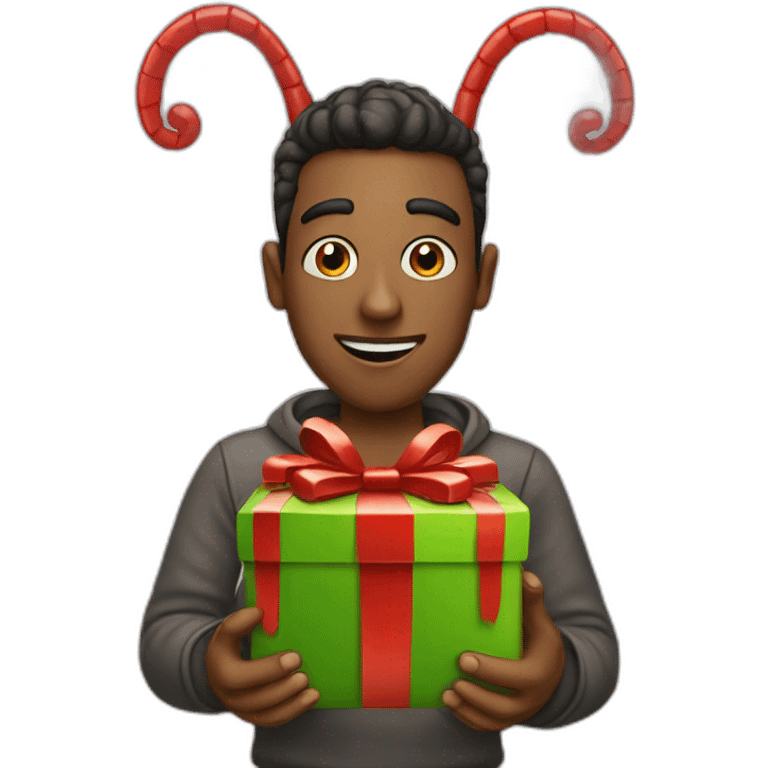 a bug with a christmas gift on his hands emoji