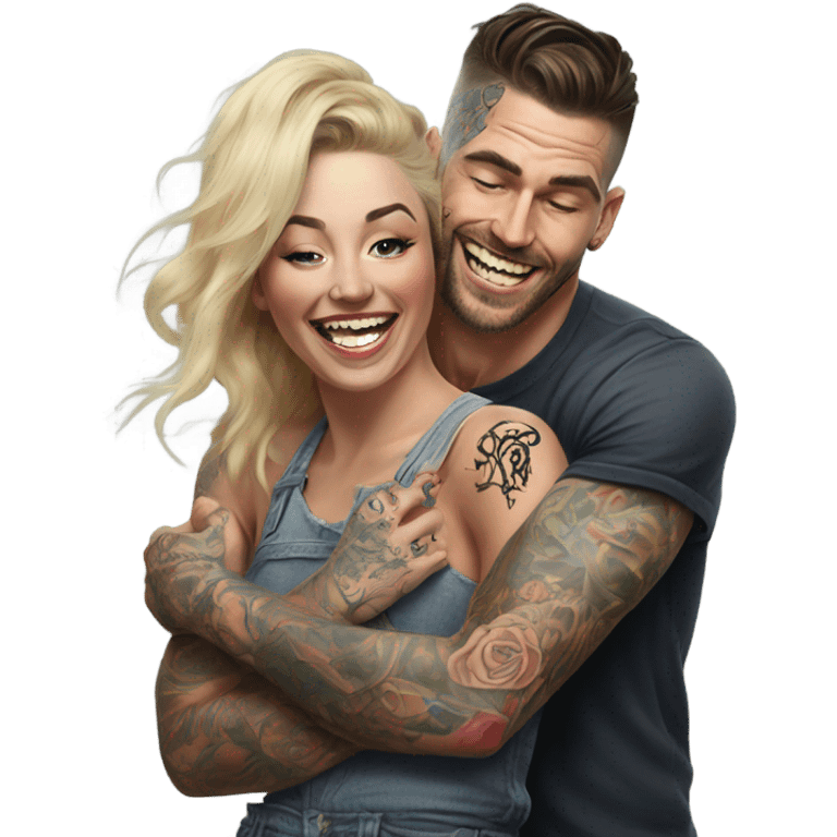 Hyper Realistic beautiful woman getting a piggy back off a handsome tattooed man laughing  emoji