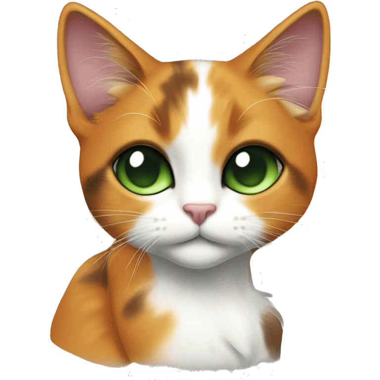 calico cat with green eyes.  a di black pattern around her eyes, The orange fur on her face extends from her forehead down to her mouth, creating a. Her chest and front legs are mostly white, emoji