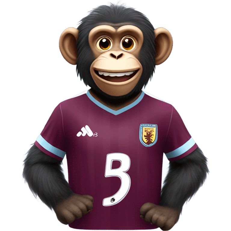 Fluffy chimpanzee in Aston Villa soccer jersey super happy  emoji