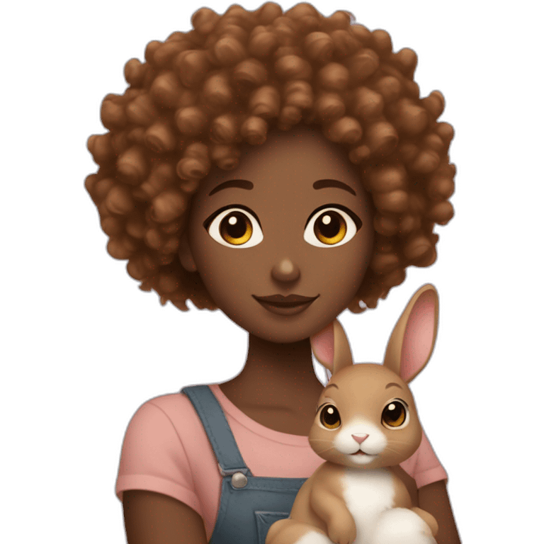 black woman with sparkly brown curly hair holding cute floppy eared light brown bunny emoji