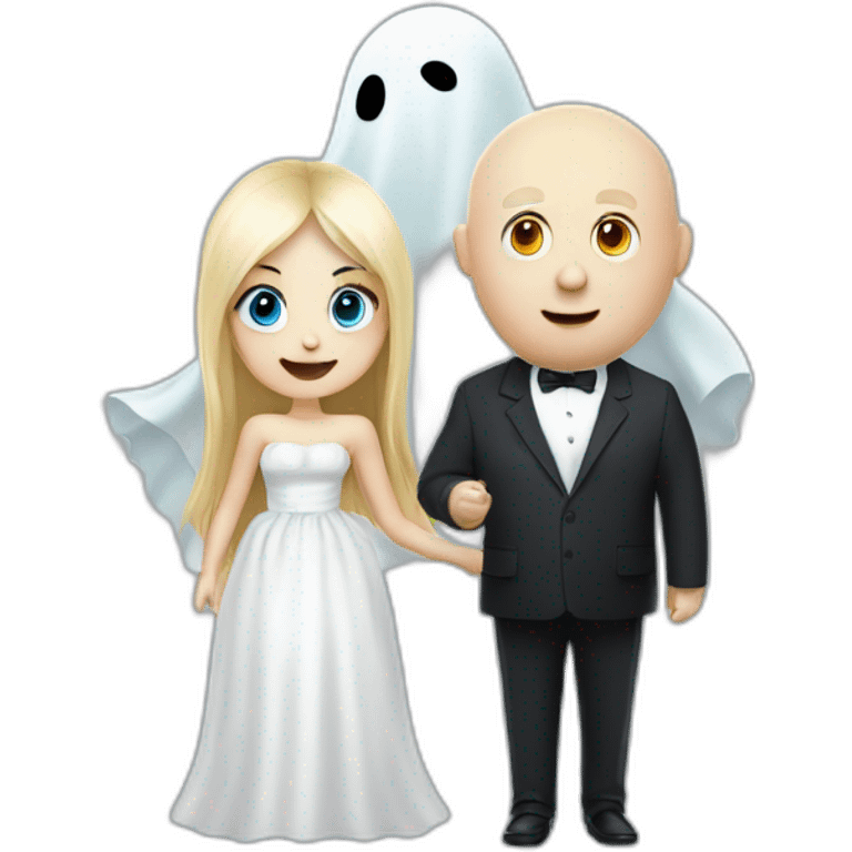 a blondie girl and a bald fat guy dressed as a ghost going to a party emoji