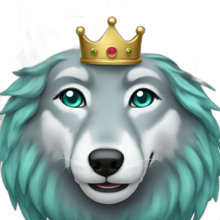 gray wolf with dark turquoise eyes with a golden crown emoji