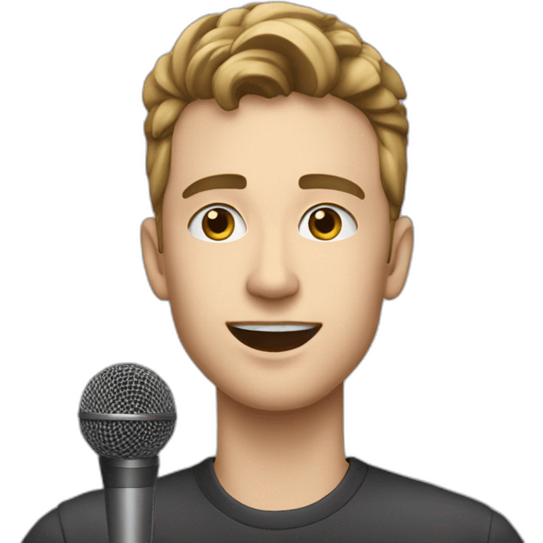 A white young man speaking on a stage with microphone emoji