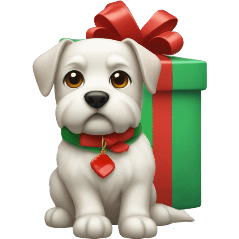 Red and green gift with white dog emoji