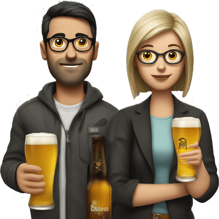 Man with straight short hair with glasses and stub. Woman with straight dark hair with glasses with beers in hand in Berlin  emoji