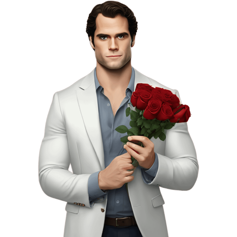 realistic photo of Henry Cavill holding roses and chocolates emoji