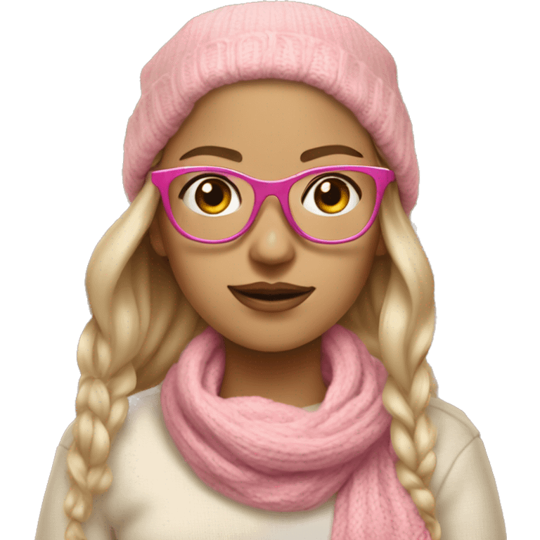 White tone girl wearing sweater beige and wearing bandana and wearing pink glasses  emoji