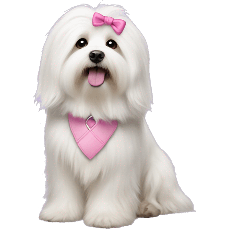 Long haired Coton de Tulear dog with pink harness and pink hair bow emoji