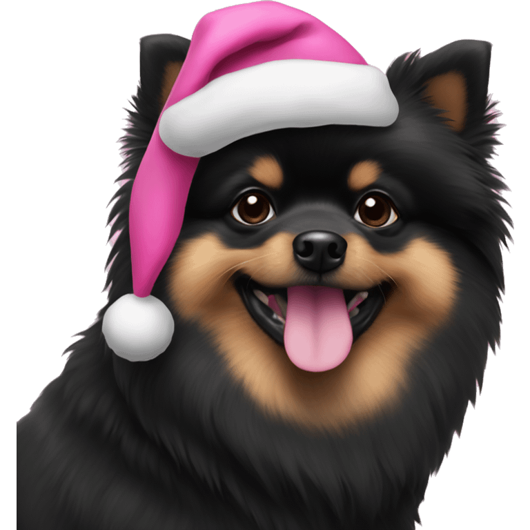 All Black Pomeranian wearing a pink Santa hat emoji