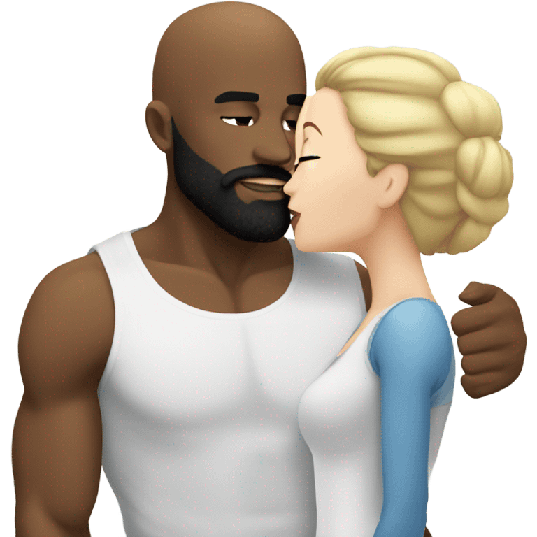 White brunette kissing muscular black bald man with beard emoji