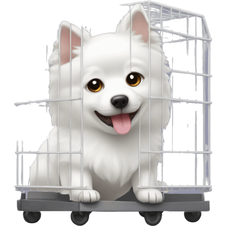 White spitz dog in an transportation cage emoji