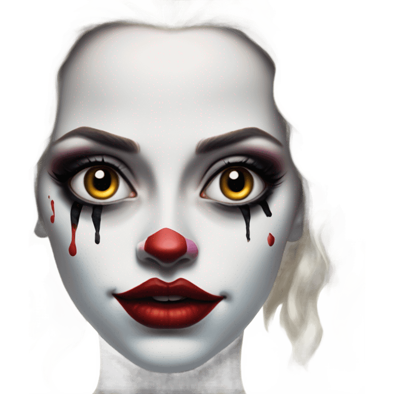 Dalahäst in Harley Quinn style, oil paint, mysterious eyes, intricate lips, masterpiece portrait, odd perspective, beautiful, desirable, logical emoji