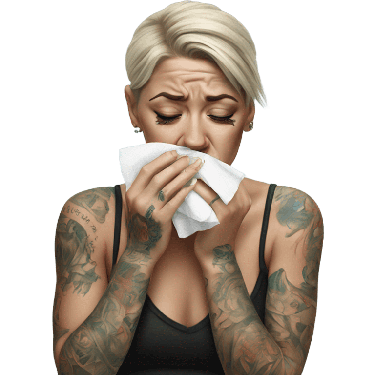 Hyper Realistic Beautiful tattooed woman crying holding a tissue   emoji