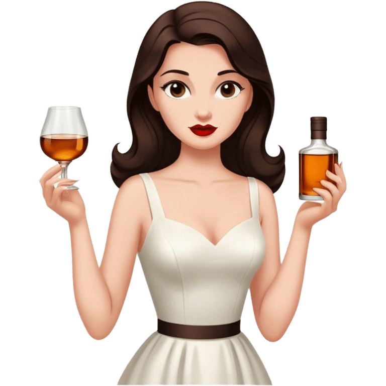 Beautiful woman in 1950’s woman fashion look, white dress, long dark brown hair, whisky emoji