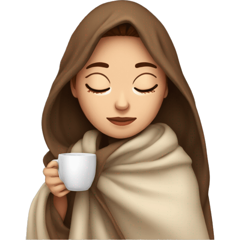 brown-haired girl inside a blanket sipping coffee eyes closed emoji