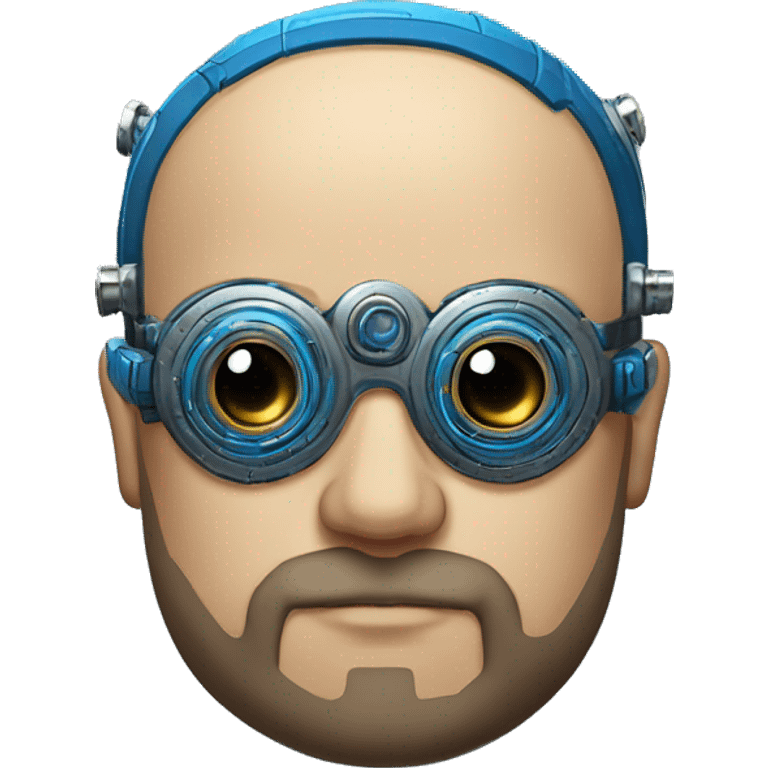 Bearded Fat bald cyborg head with tan skin, blue steampunk goggles and circuits emoji