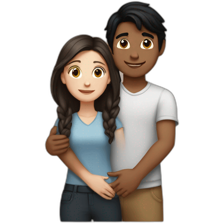 White girl with dark brown hair and indian boy with black hair hug emoji