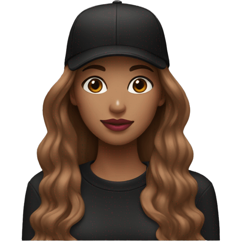 A beautiful woman wearing a black cap and black sweatshirt, big pink lips, brown straight long hair.  emoji