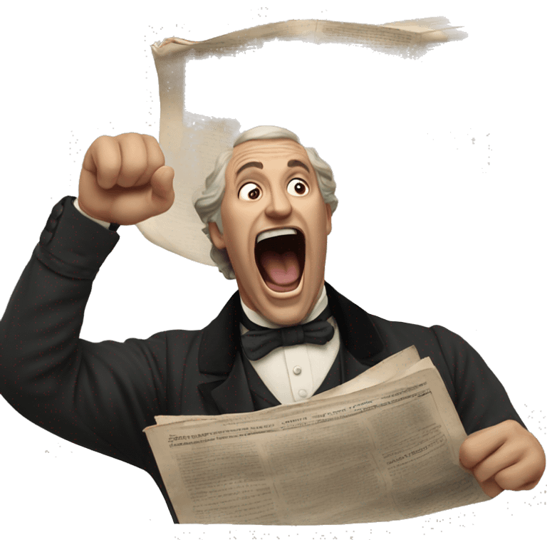 victorian man holding a newspaper in his raised hand whilst shouting emoji