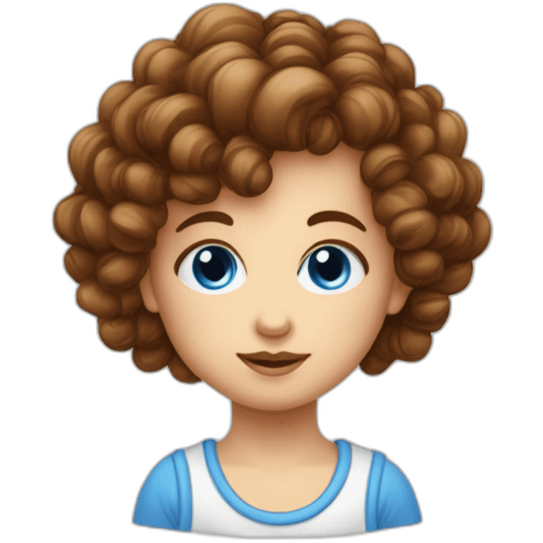 Enfant de petite taille au teint blanc avec des yeux bleus avec des cheuveux marrons long boucles en bas emoji