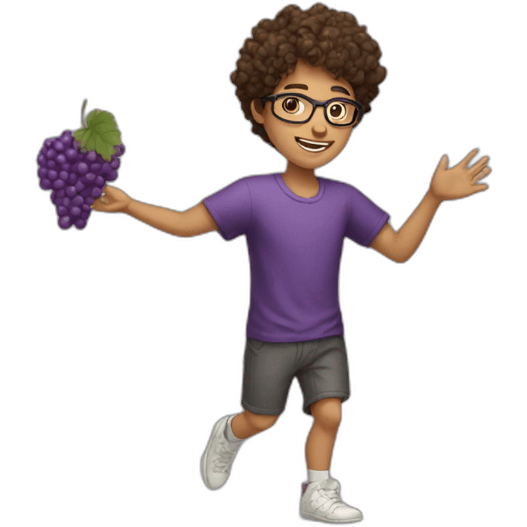 Young brown short curly haired men with glasses throwing grape emoji